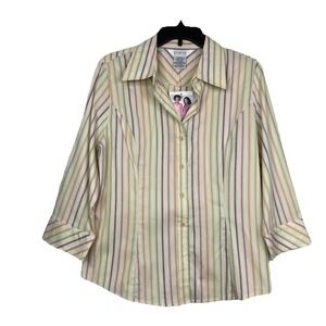 George Stretch Whipped Cream Colorful Pin-stripe Button Up Women's L 3/4 Sleeve